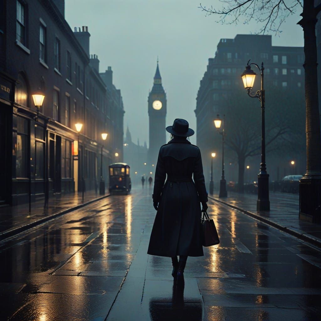 London Street Scene with a Woman Walking Away in a Vignette...