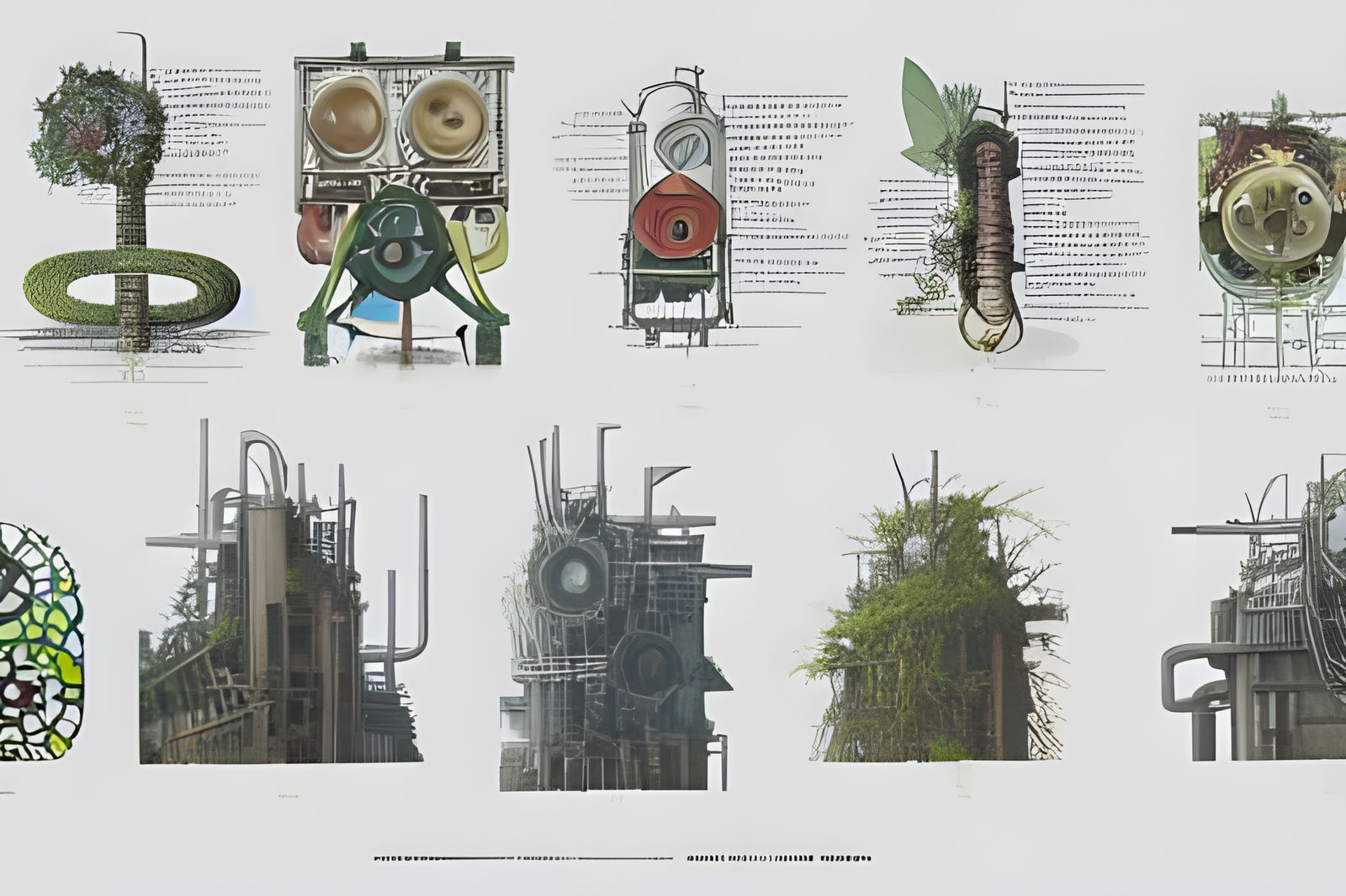 Dieselpunk Cityscape with Bioluminescent Flora and Brutalist...