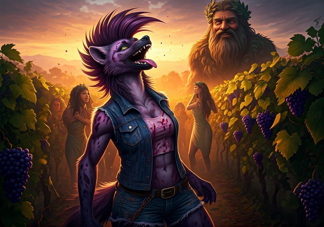 Frenzied Maenads in a Wine-Drenched Vineyard Scene