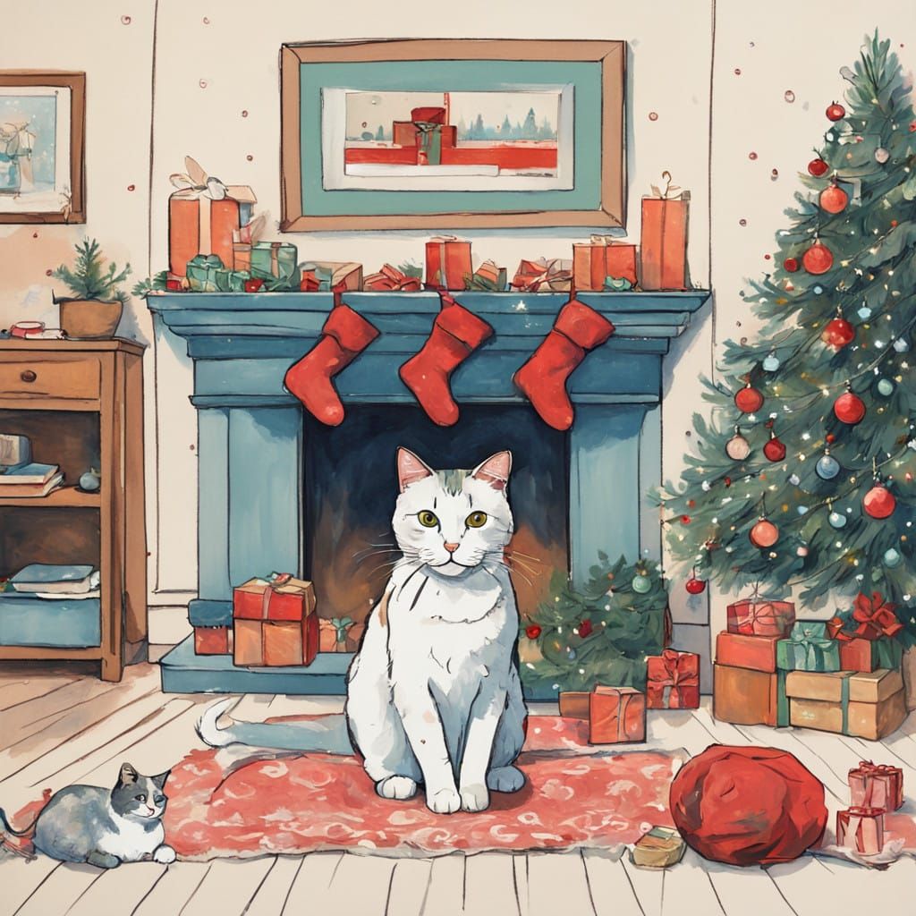 Christmas Cat in Impressionist Style