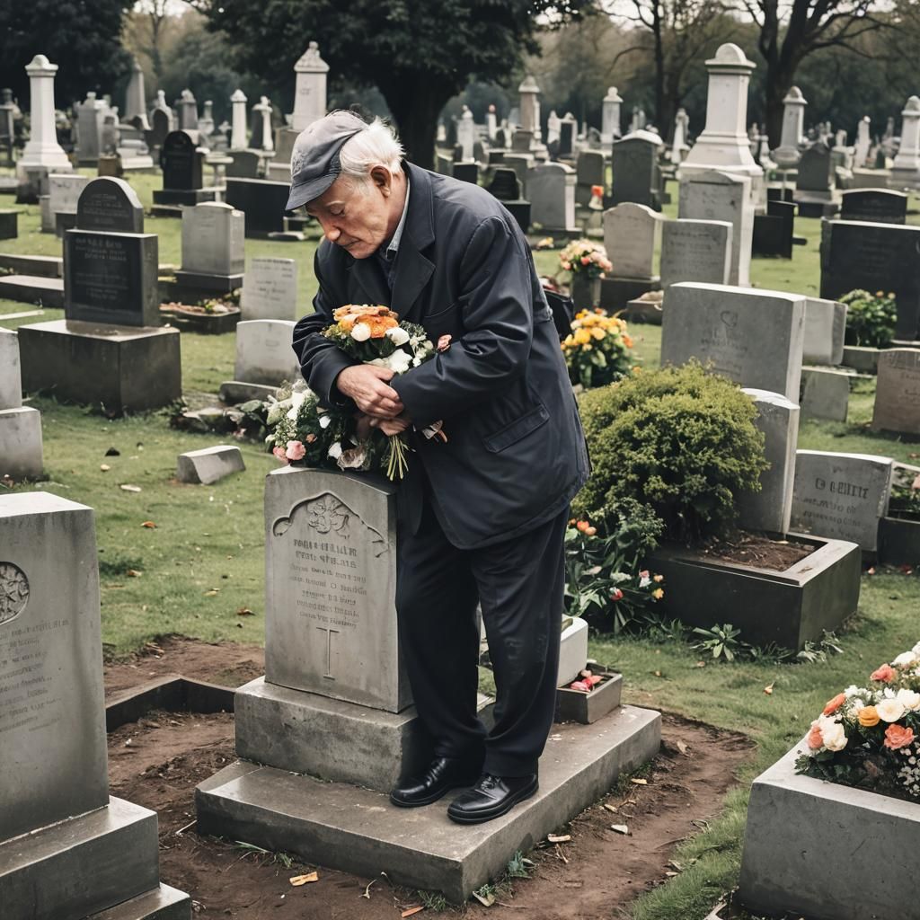 Elderly Man's Touching Graveside Embrace