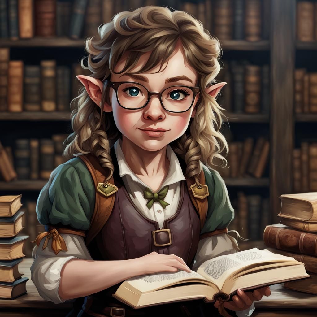 Female Halfling Book Nerd Illustration