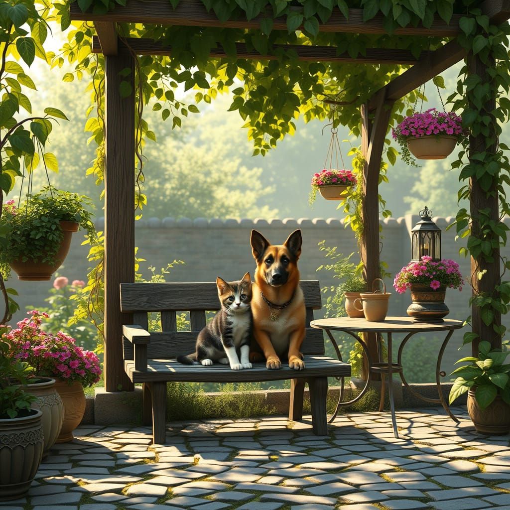 Whimsical Fantasy Garden Scene with Kitten and German Shephe...