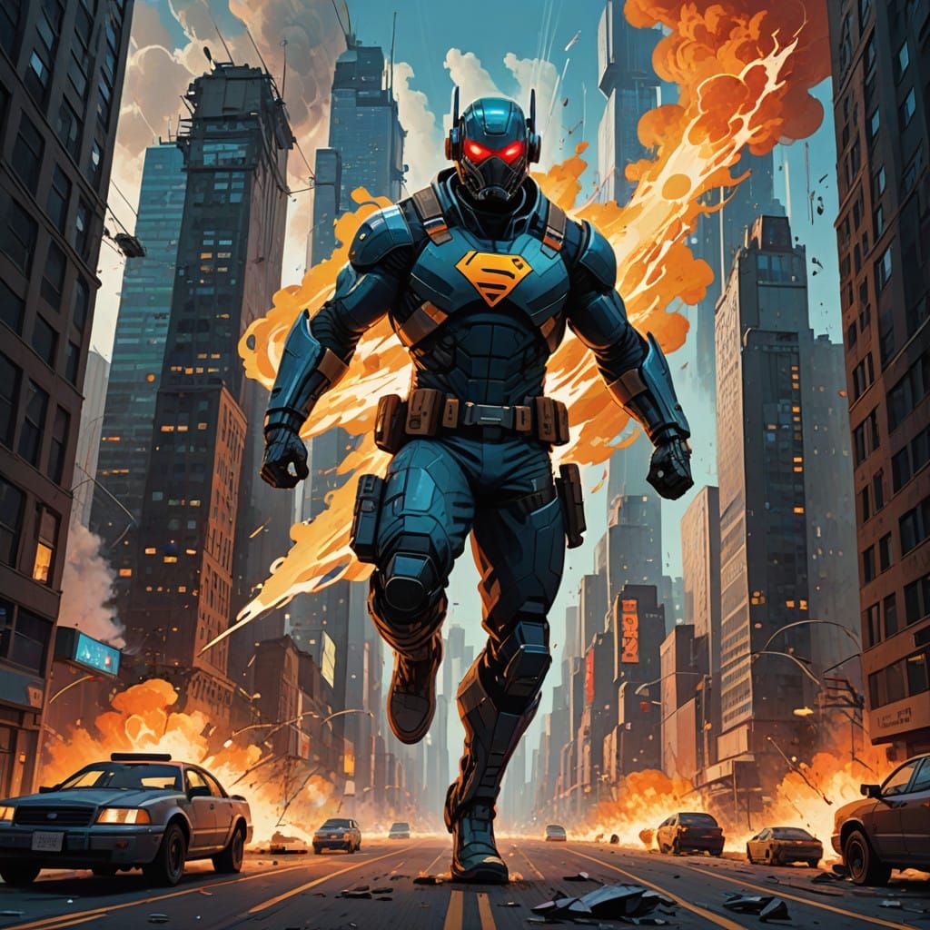 Epic Comic Book Superhero in Futuristic Cityscape