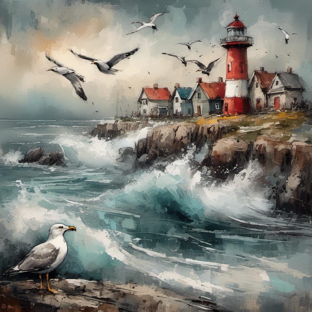 Seagulls and Lighthouse: Impasto Coastal Painting