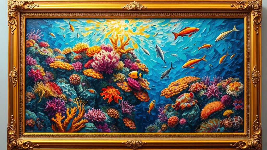 Vibrant Coral Reef Impasto Oil Painting
