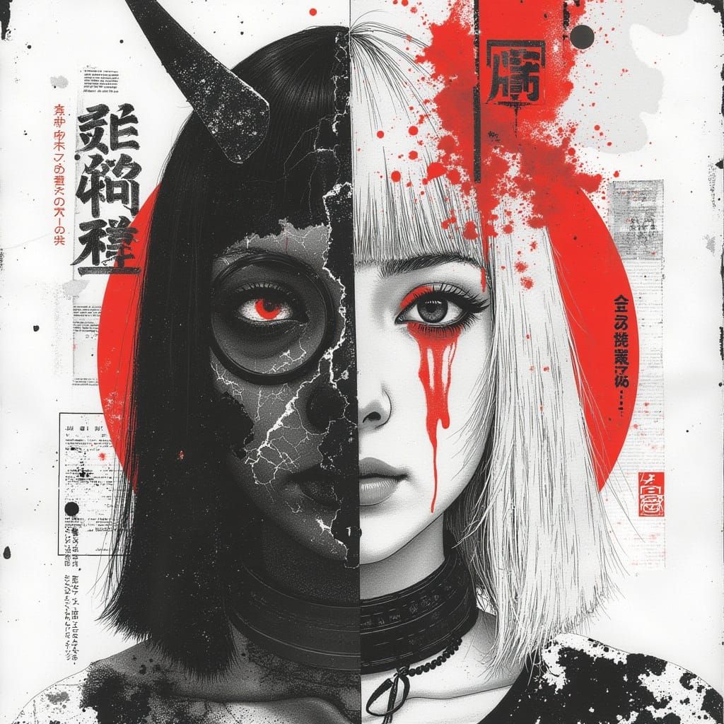 Cyberpunk Oni: Split Portrait in Manga Style