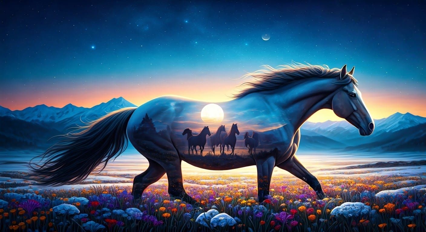 Surreal Equine Dreamscape with Wildflowers and Mountains