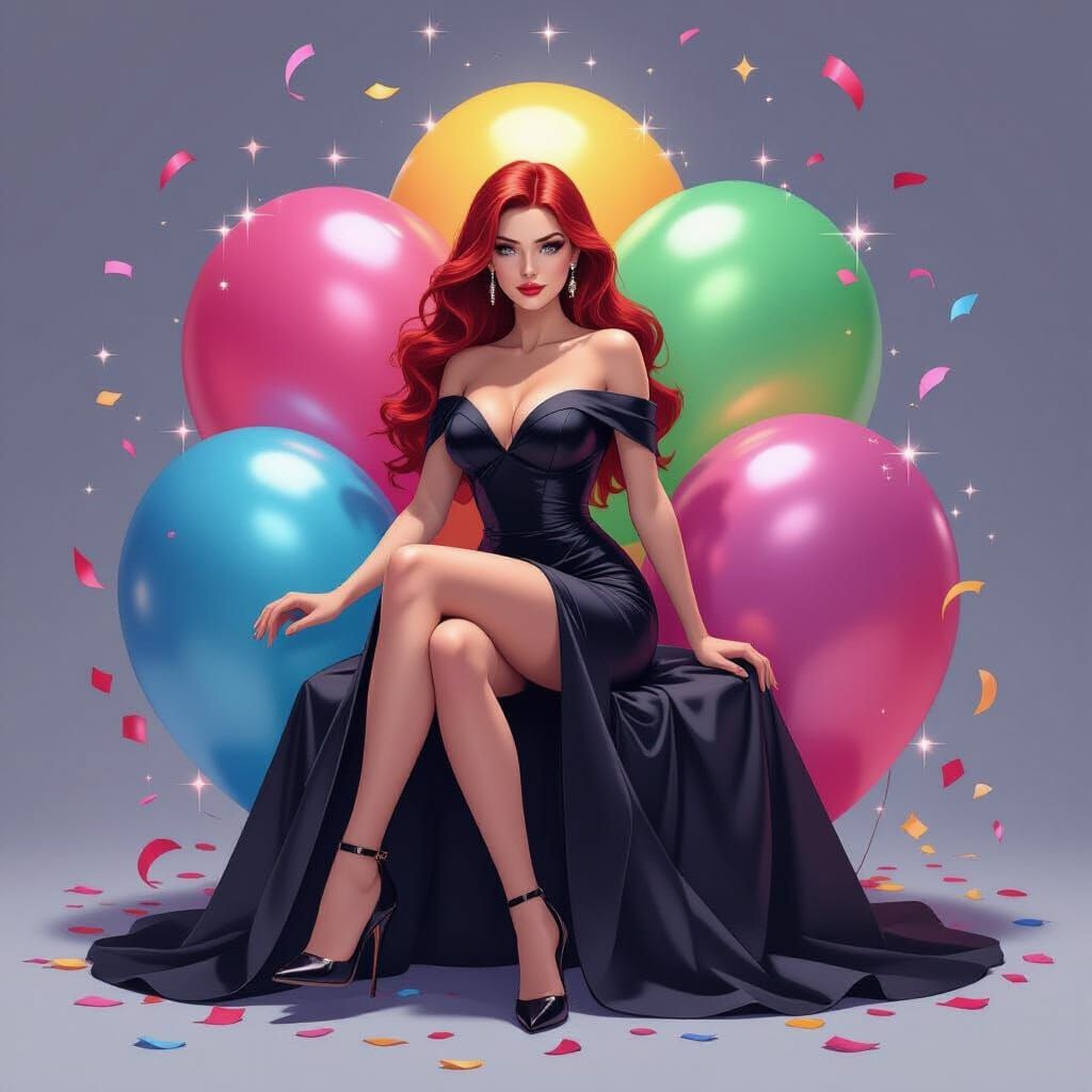 Scarlet Witch on Birthday Balloon in Whimsical Style