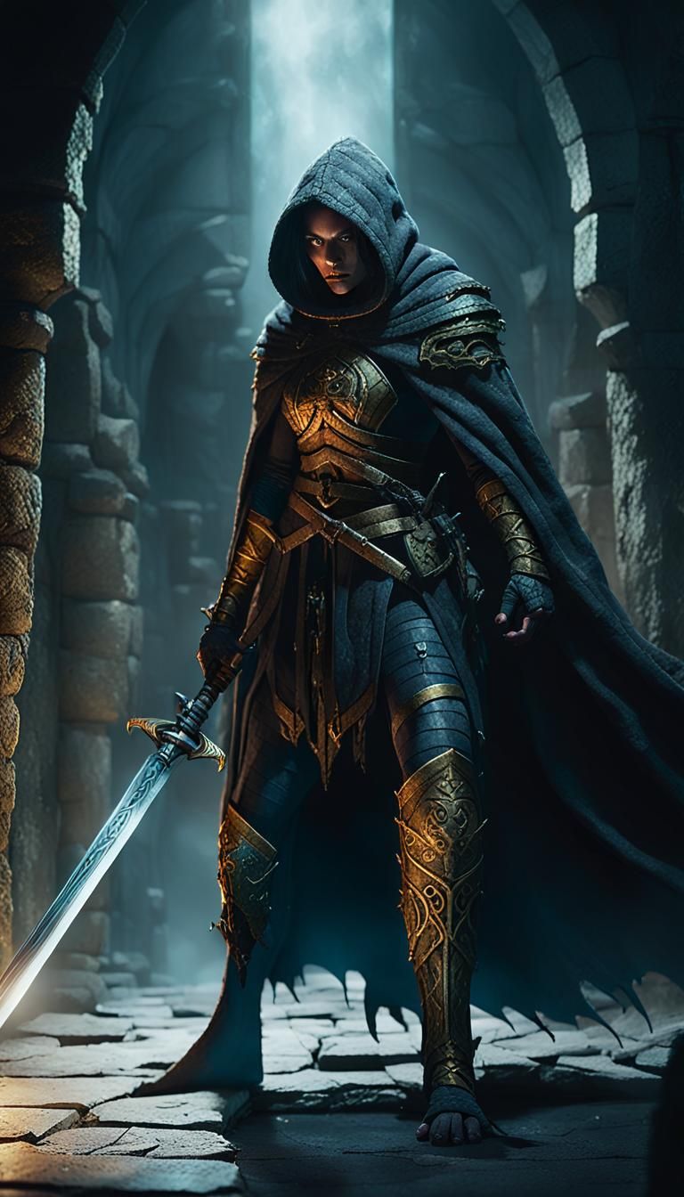 Female Warrior Battles Monster in Dark Dungeon