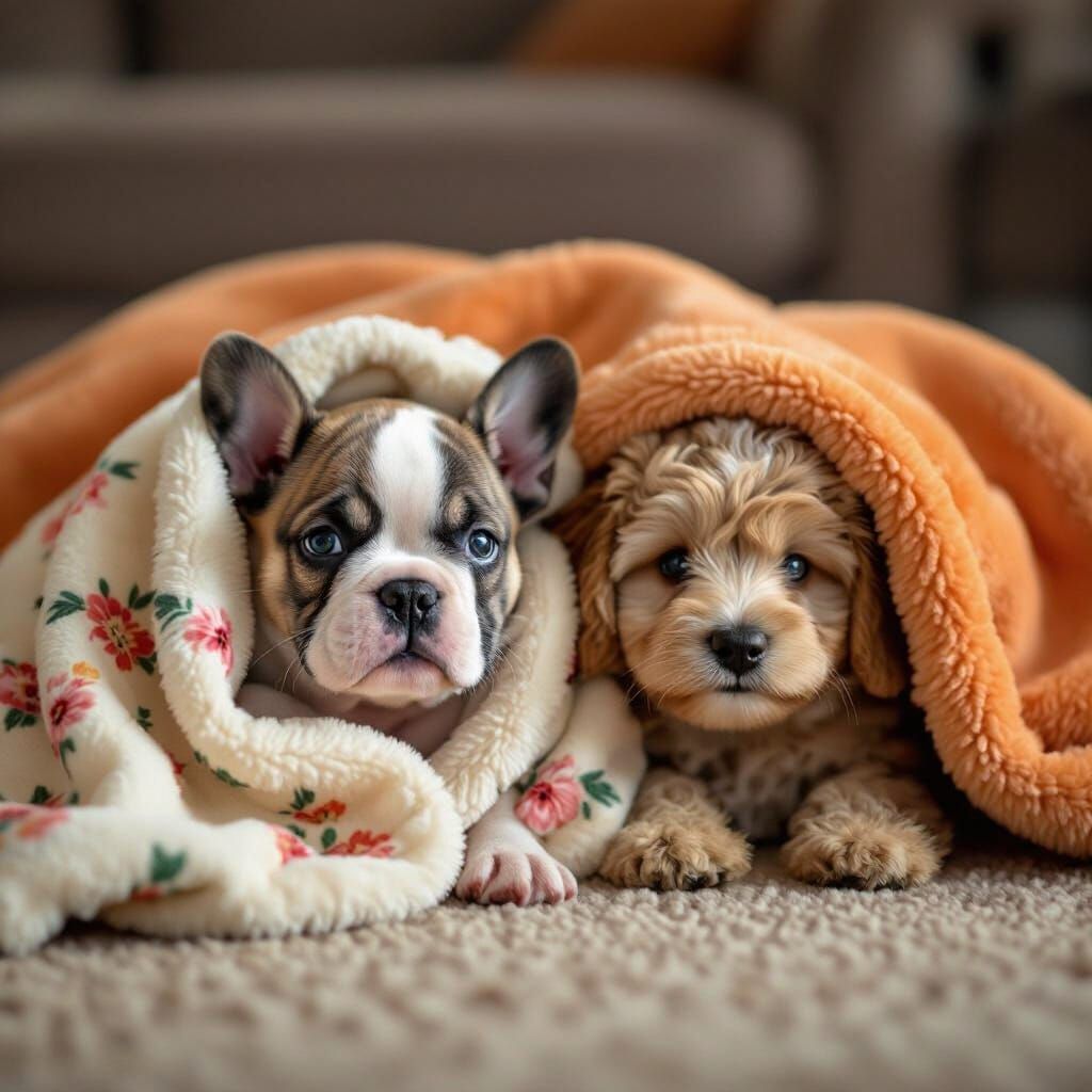 Cute French Bulldog and Cavoodle Puppies on Rug