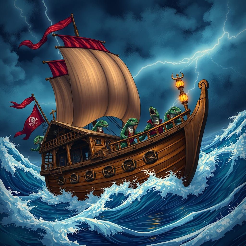 Majestic Reptile Pirate Ship in Anime Style Stormy Seas