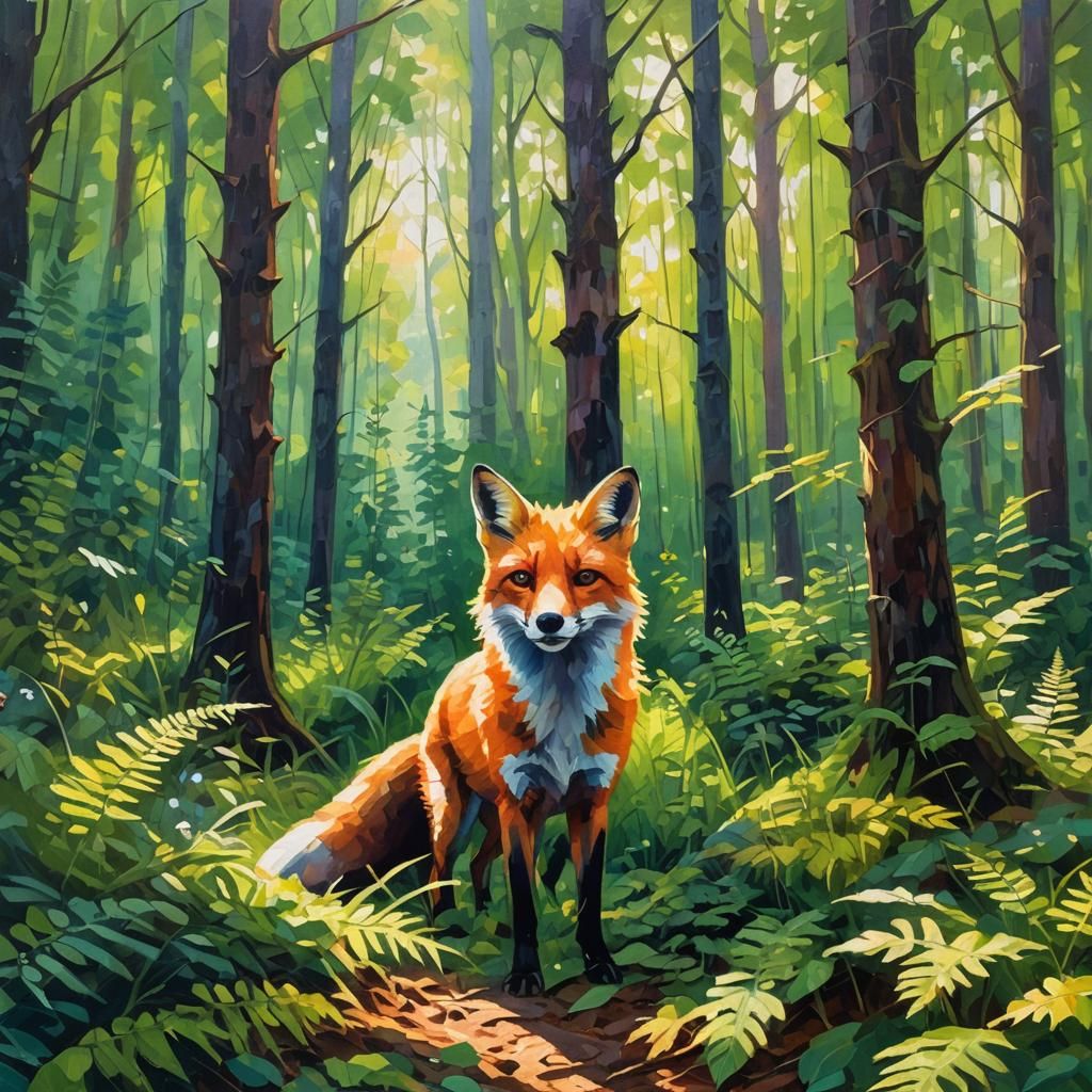 Red Fox in Forest, Impressionist Oil Painting