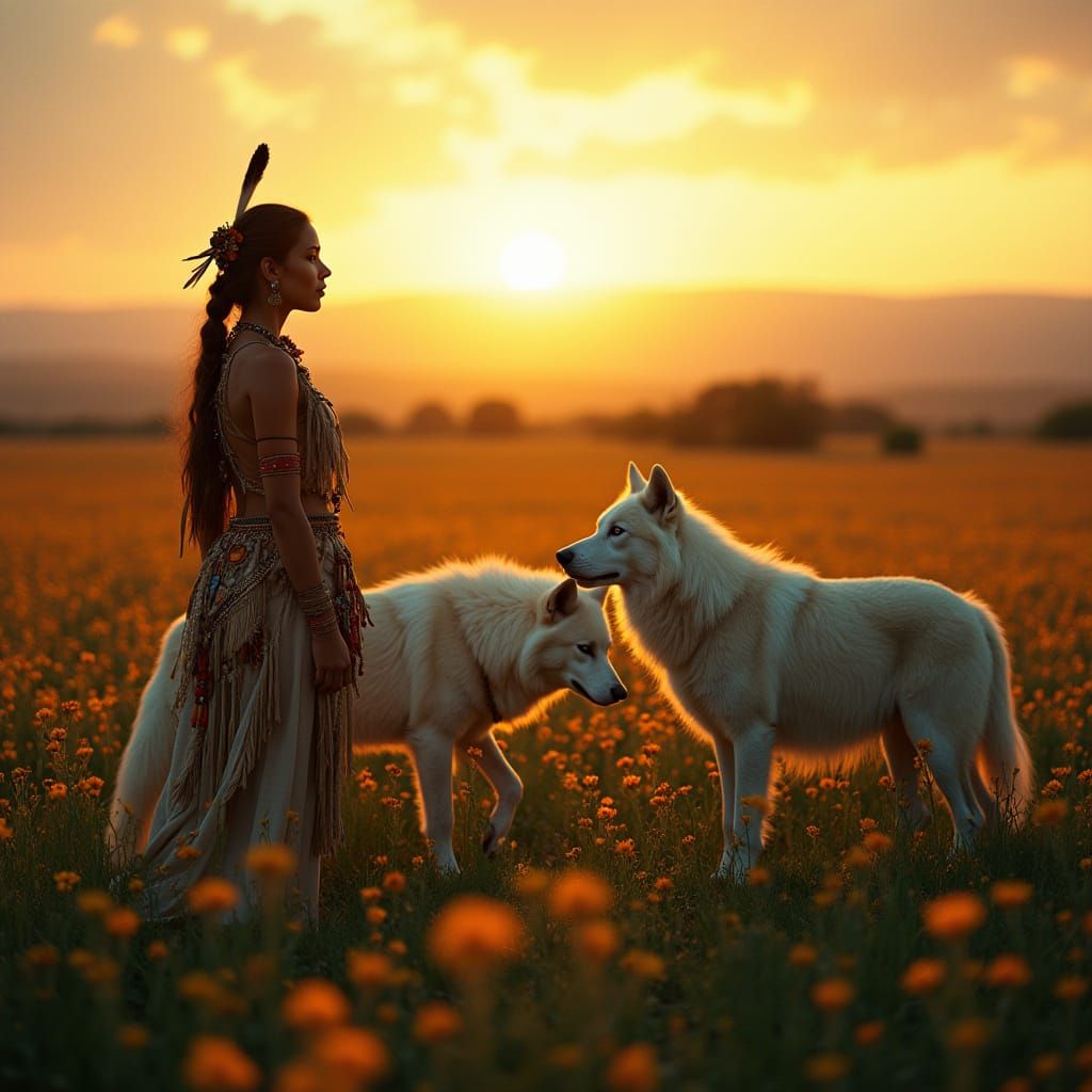 Native American Woman with Wolves at Sunset
