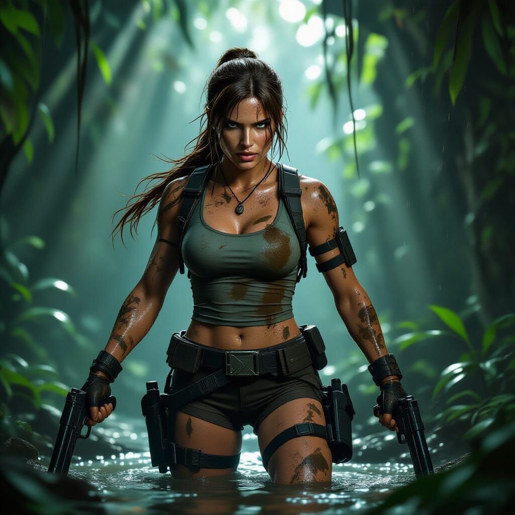 Lara Croft in Muddy Jungle Ruins with Dual Pistols
