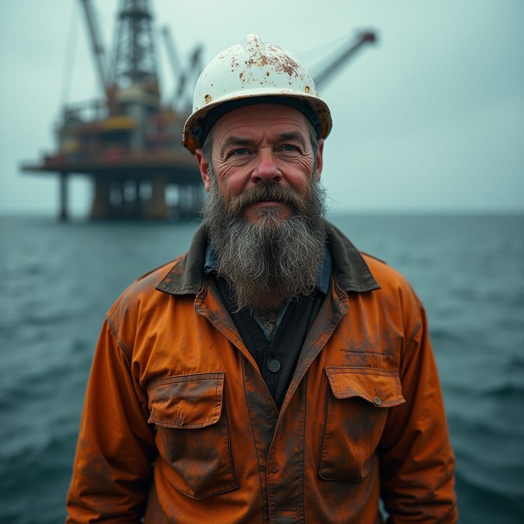 Oil Worker in the Fading Light of a Turbulent Ocean