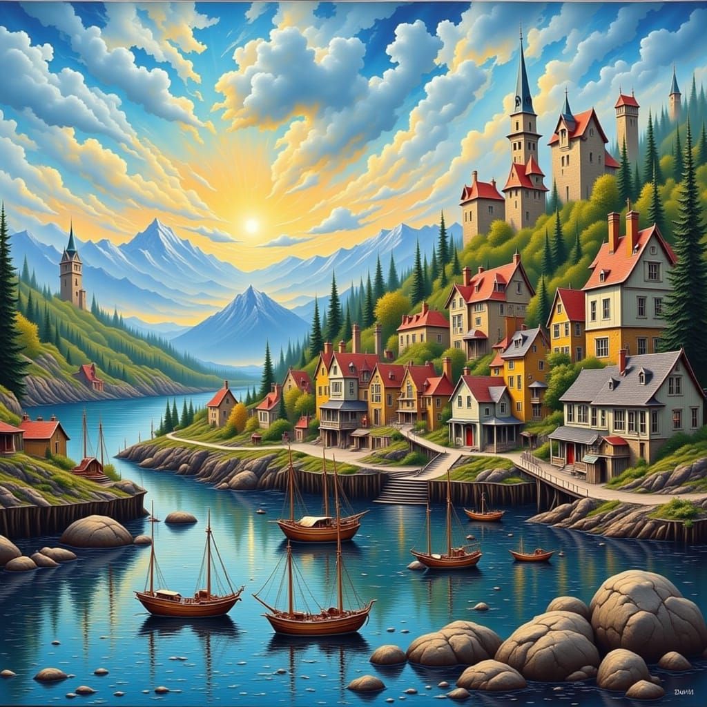 Picturesque Harbor Town in Dreamlike Style