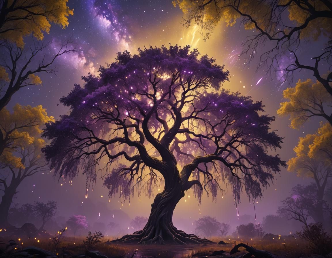 Luminescent Purple Willow Tree Under Galaxy Sky