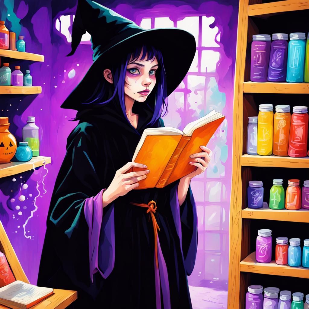 Young Witch With Spell Book in Graffiti Art Style