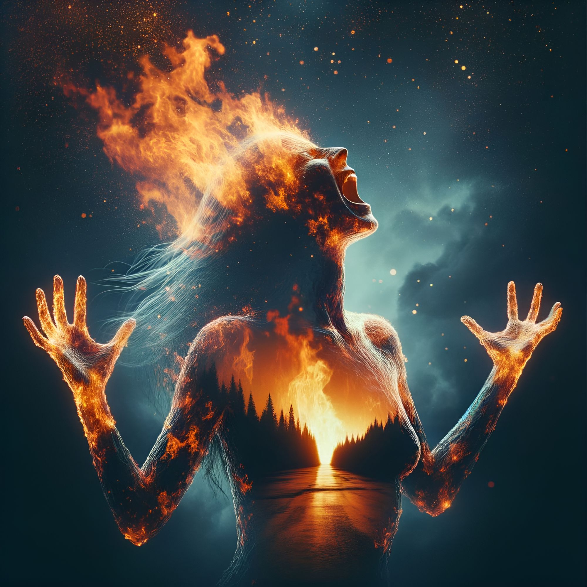 This Girl is on Fire - Ethereal Woman of Fire Amidst Forest
