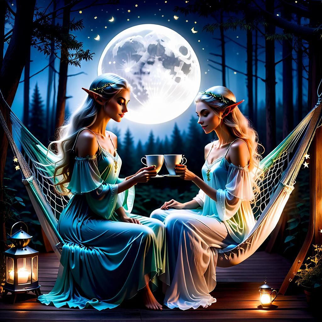 Dreamy Elves Enjoying Moonlit Tea