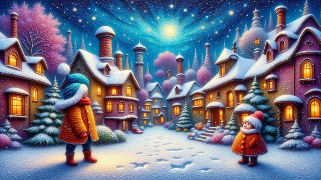 Whimsical Winter Village Impasto Painting