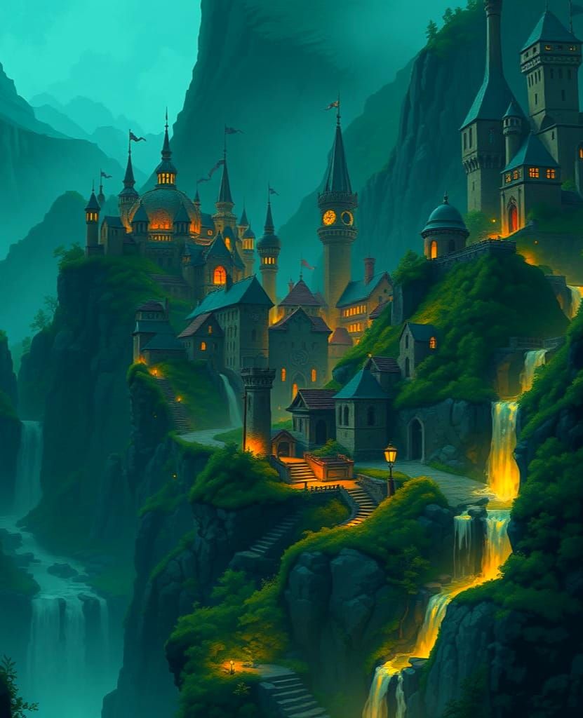 Lush Fantasy City Pixel Art in Impressionist Style