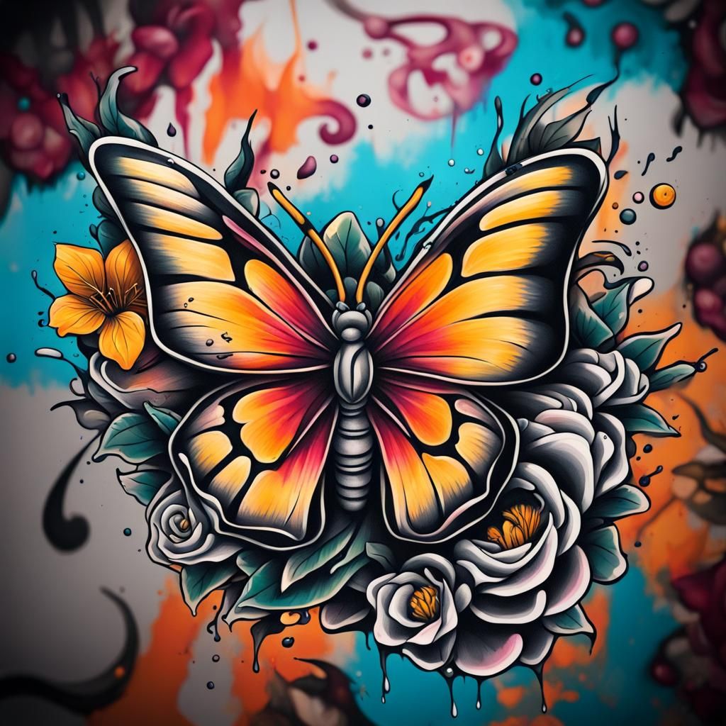 A tattoo of a honeysuckle flower with a butterfly and a small crescent moon in the back