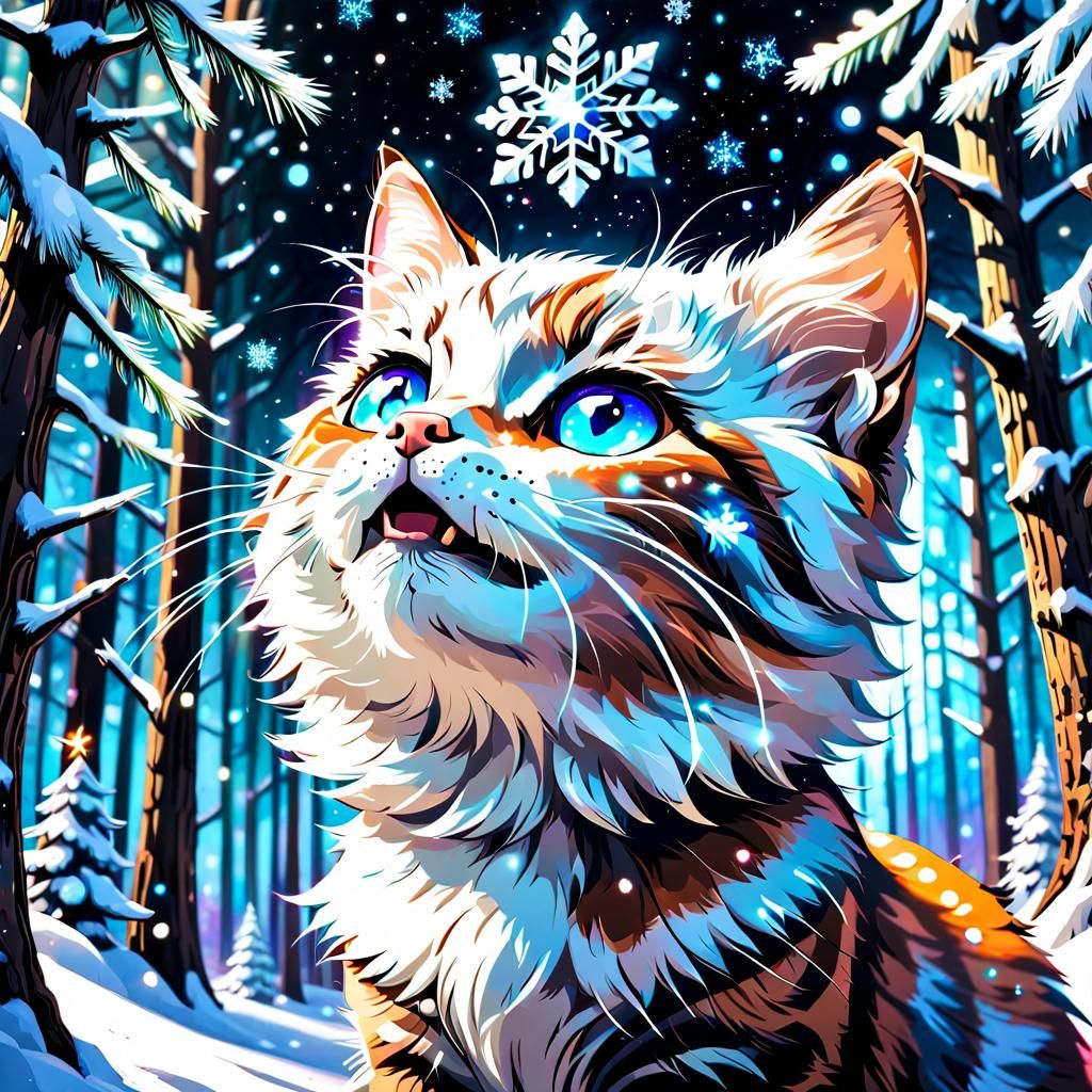 Celestial Christmas Tree Cat in Sparkling Forest