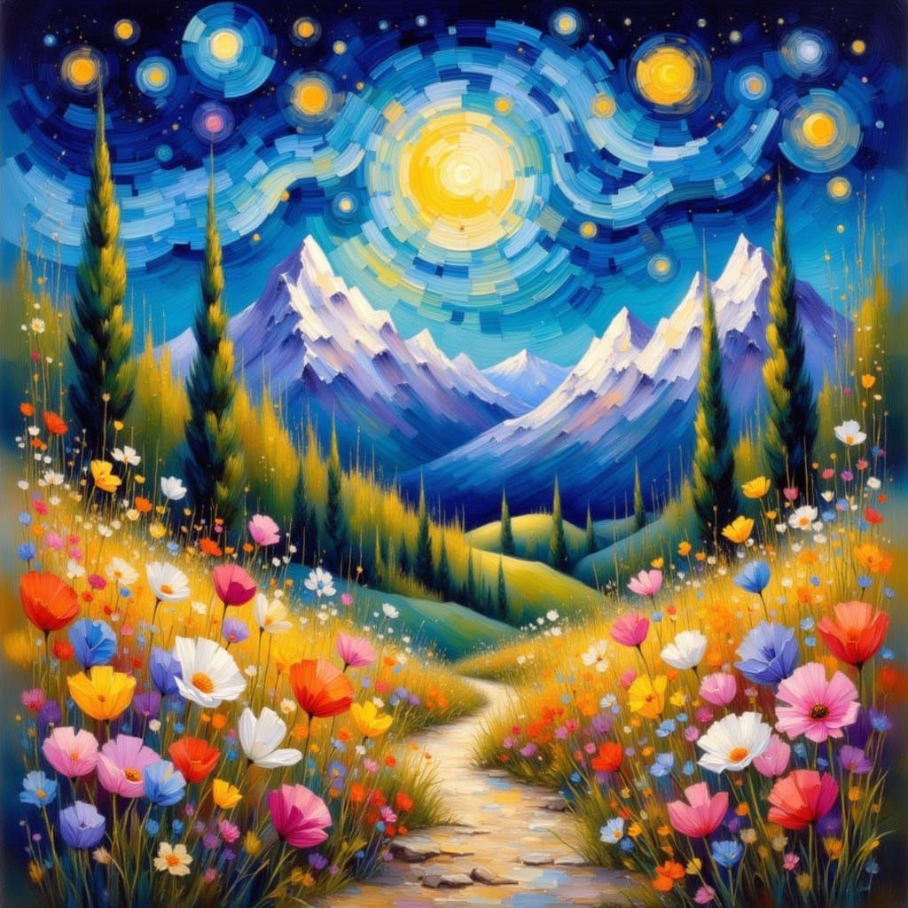 Starry Geometric Mountainscape in Impressionist Style