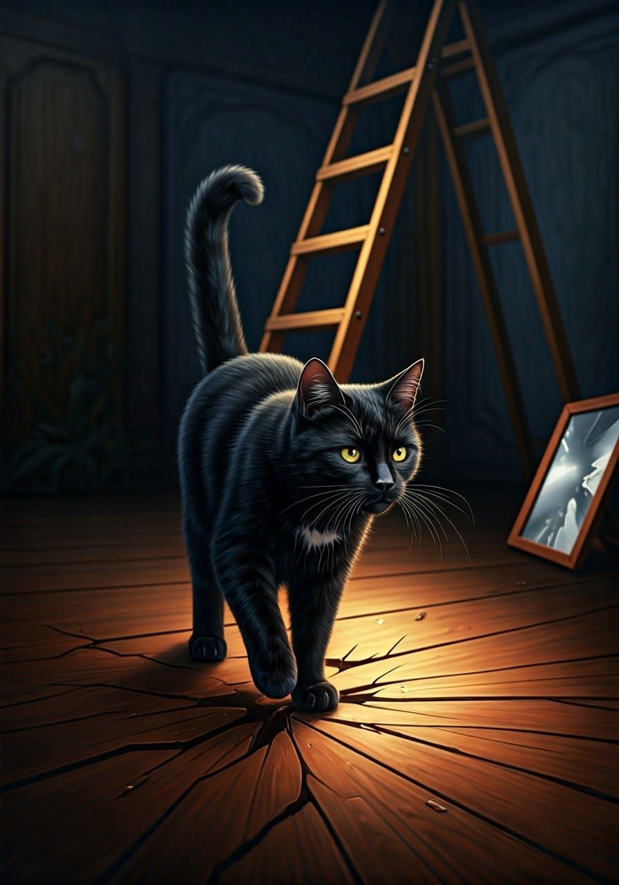 Unlucky Black Cat Under Ladder With Broken Mirror