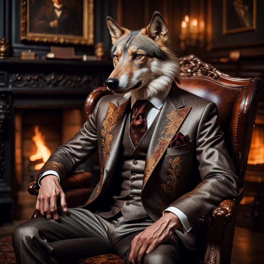 Refined Gentleman Lycanthrope in Ornate Study