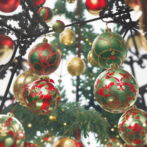 Glowing Red Baubles on Christmas Tree in Hyperrealistic Styl...