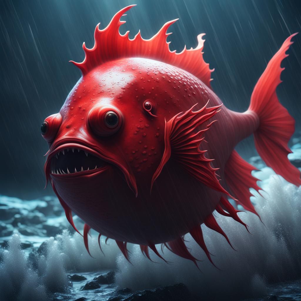 Red Anglerfish Swimming in Storm: Detailed Matte Painting