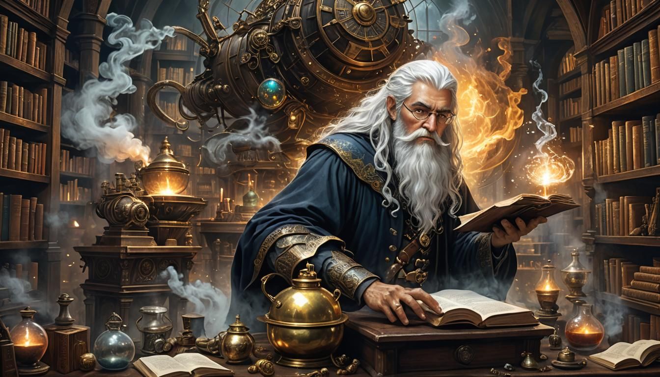 Wizard and Clockwork Dragon in Steampunk Library