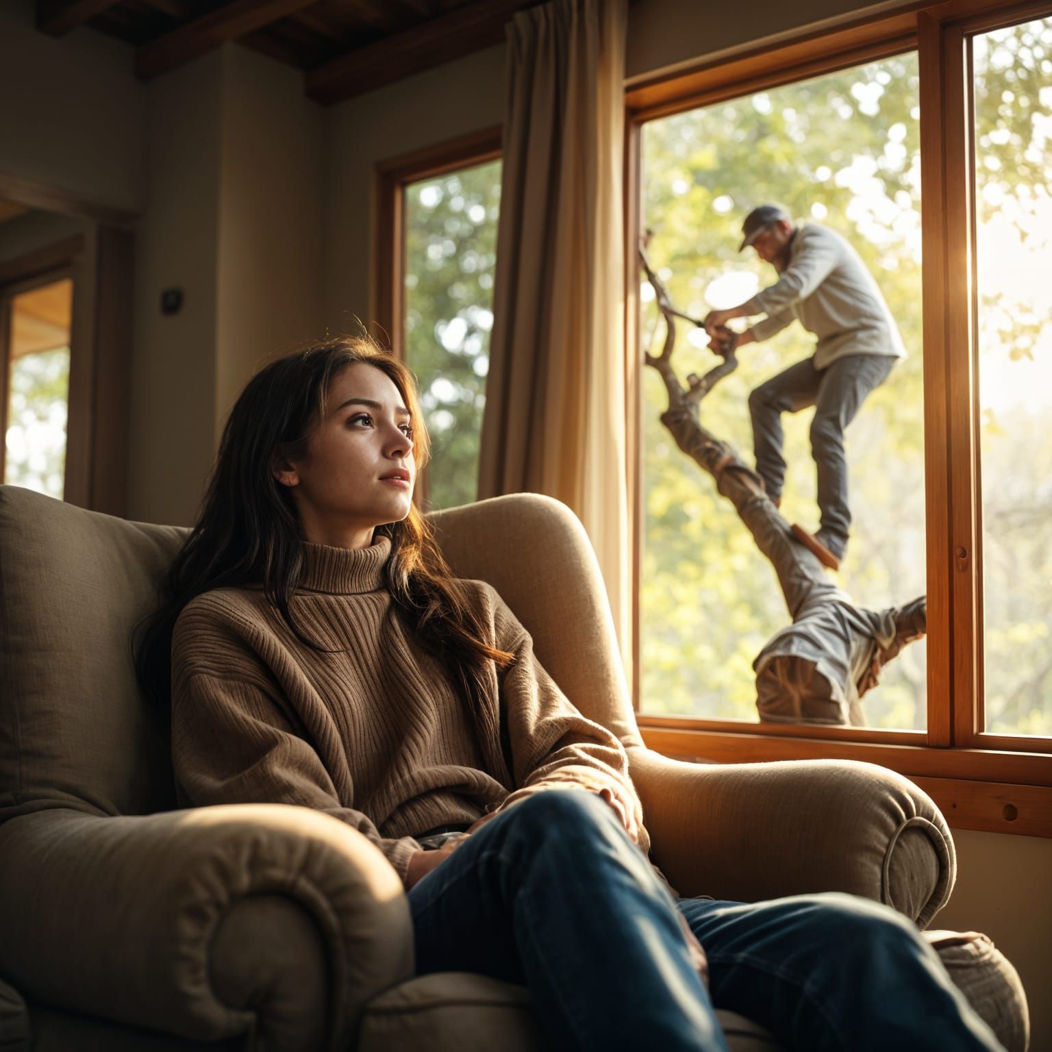 Cozy Chair Scene with Tree Branch Sawing