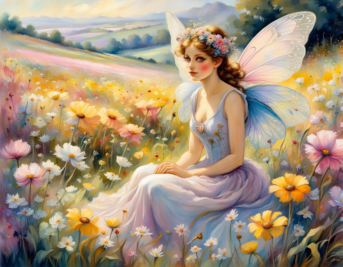 Pastel Fairy in Flower Field, Watercolor and Oil