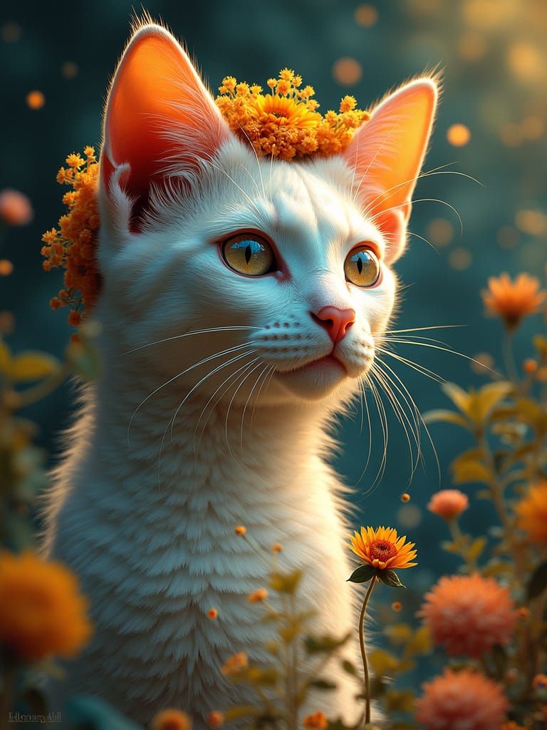 Ethereal Feline Goddess in Art Nouveau Cosmic Bloom