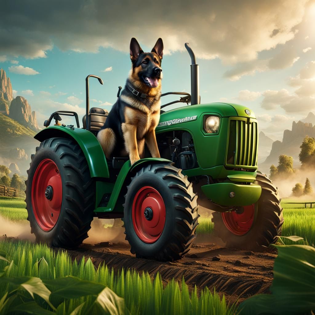 German Shepherd Adventures on a Green Tractor