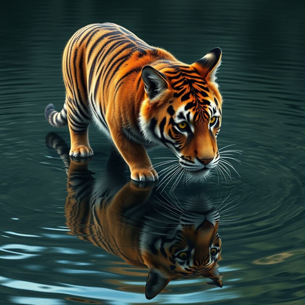 A masterpiece.An awesome majestic brown tabby cat walks on the water and looks into the water. There are light ripples o...