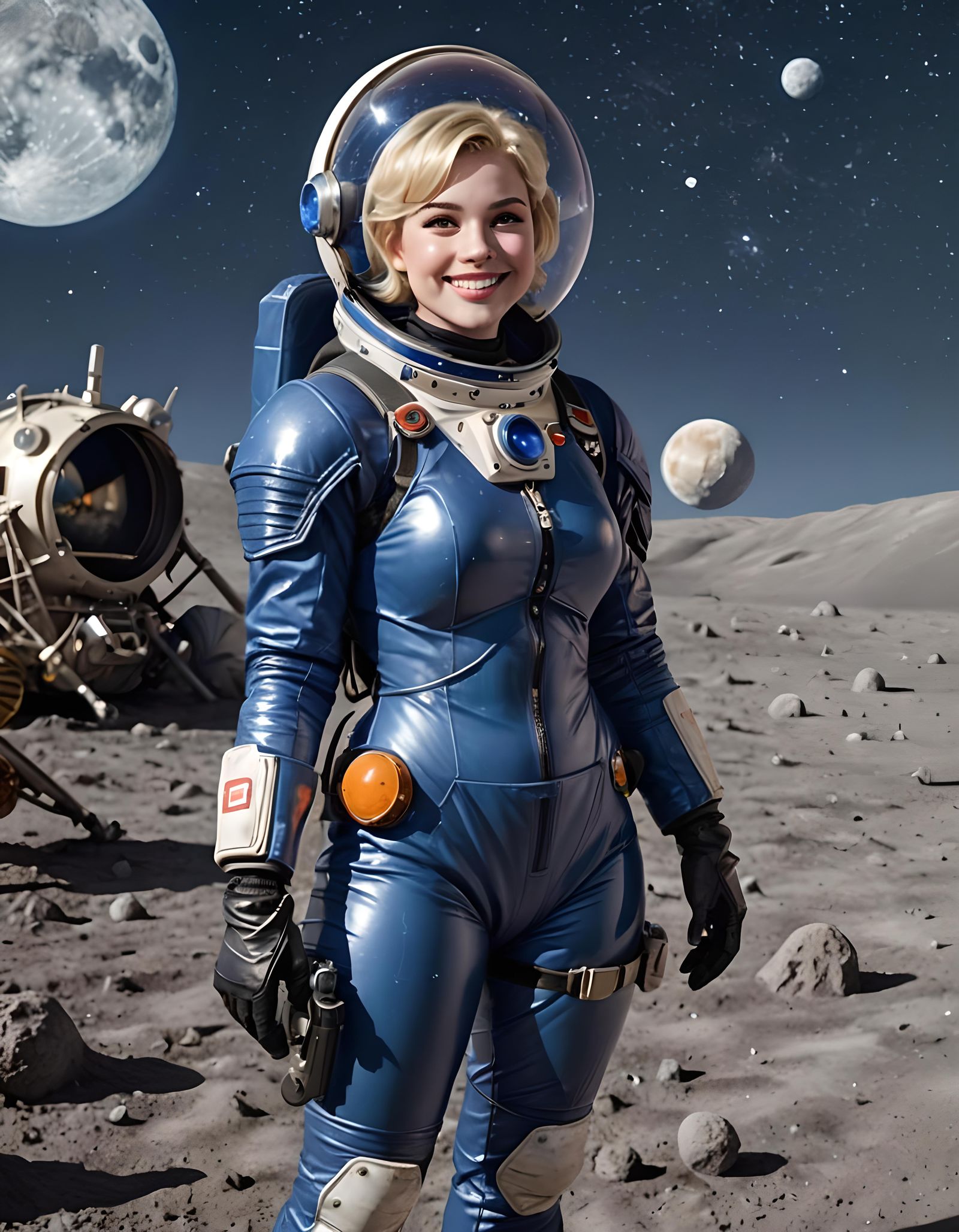 Blonde Astronaut on Moon with Laser Rifle