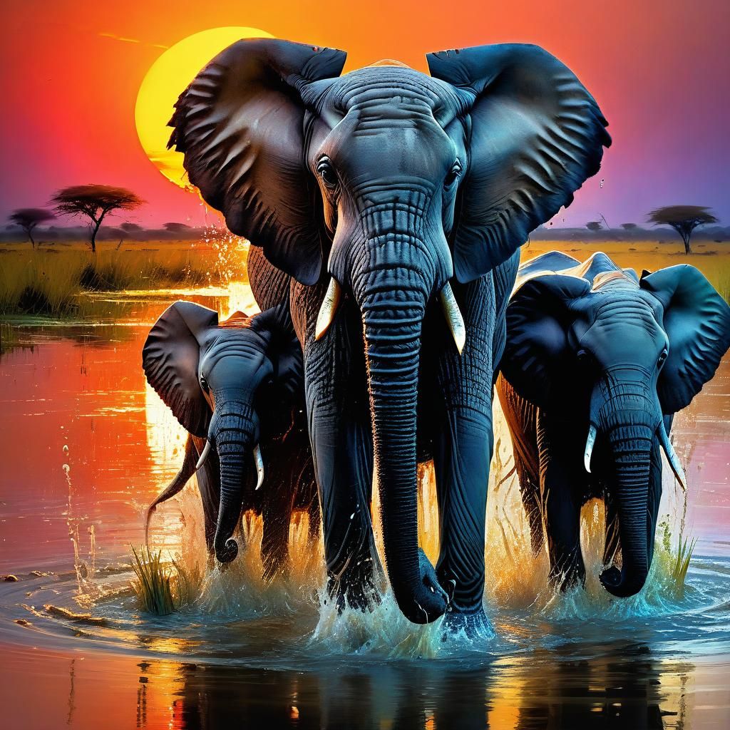 Elephant Family at Sunset: Fine Art Painting