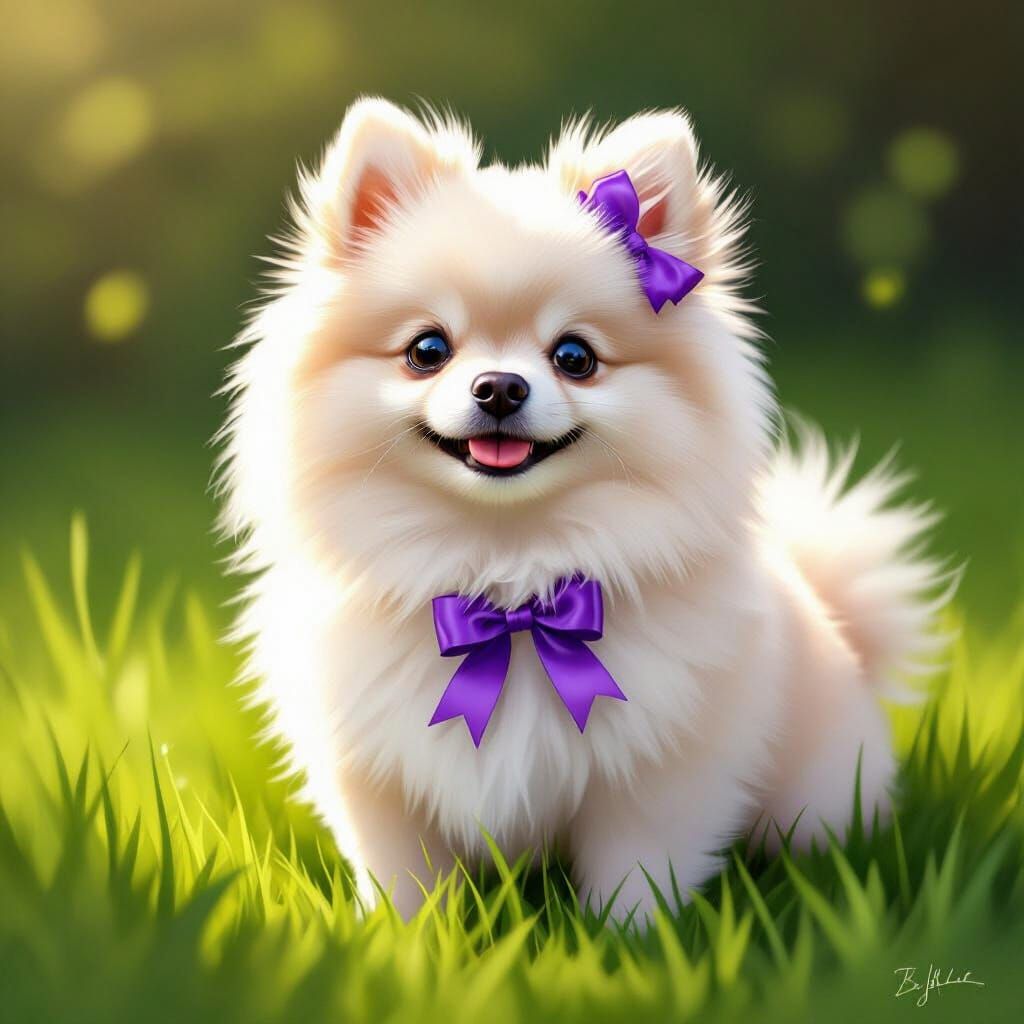 Fluffy White Pomeranian with Purple Ribbons in Green Grass