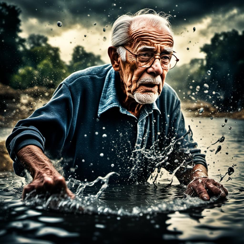Grandpa Fearlessly Dodging Acid Splash in Hyperrealistic Det...