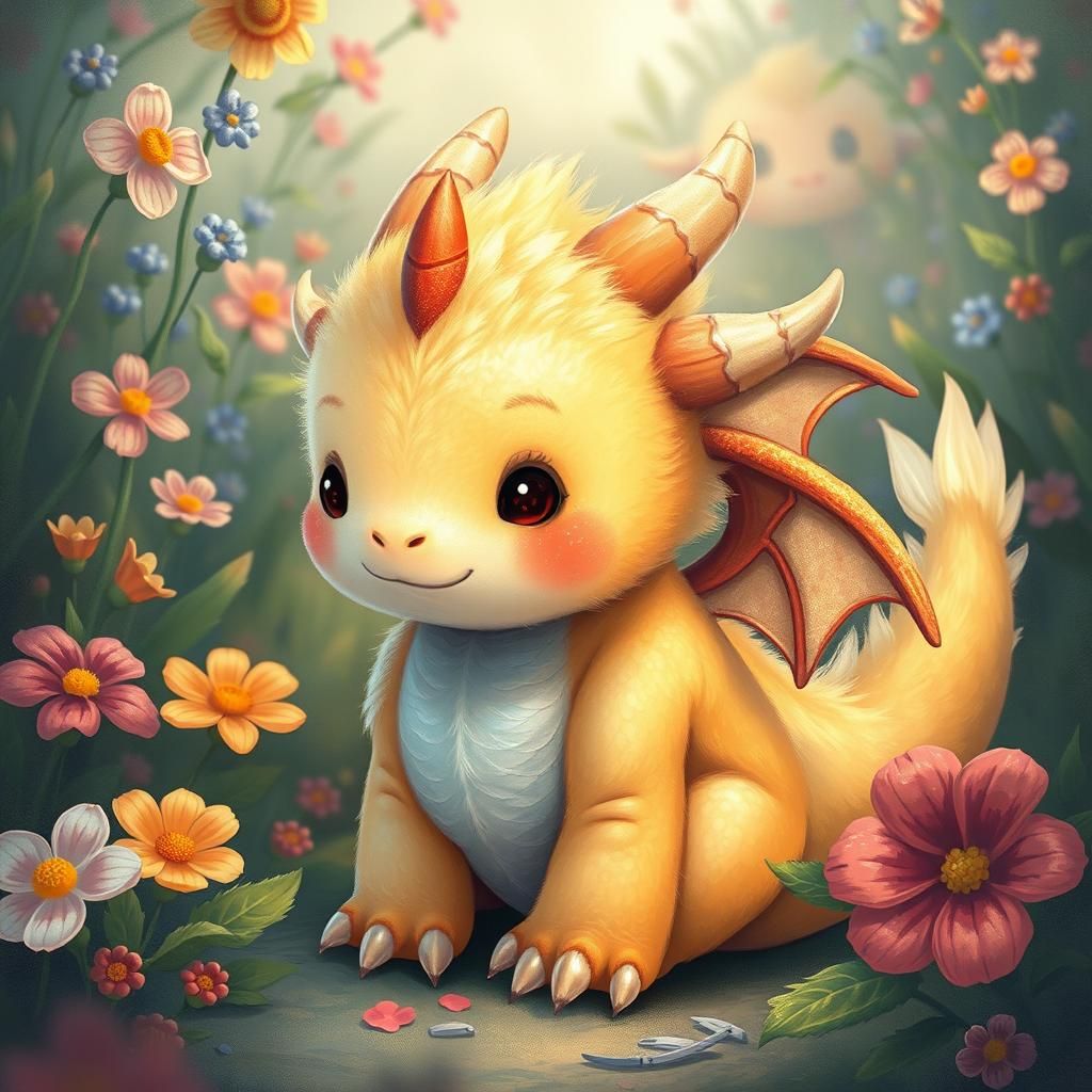 Cuddly Dragon Creature in Whimsical Vibrant Environment