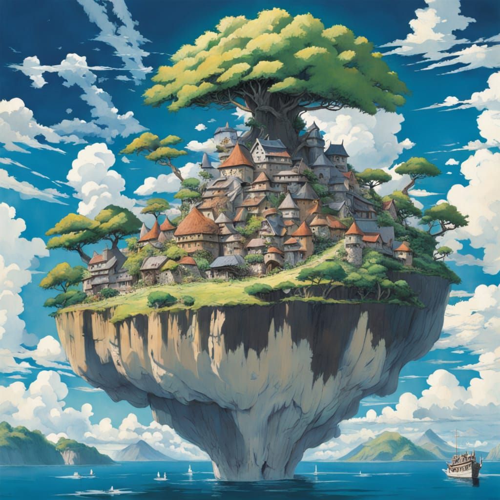 Miyazaki-Inspired Floating Island in Whimsical Fantasy Land