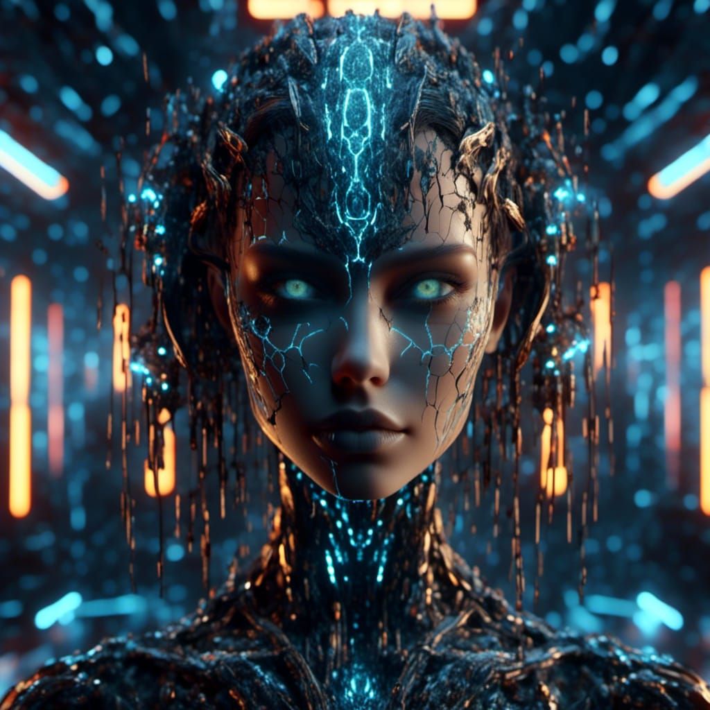 Neon AI Brain with Beautiful Face in Sci-Fi Style