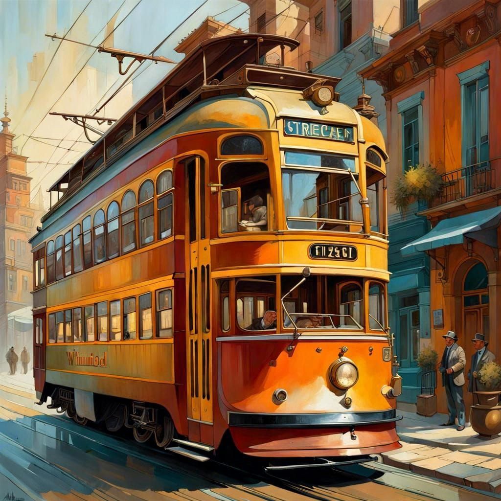 Vibrant Streetcar in Whimsilandia, Ink Art