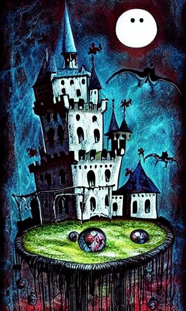 Eerie Haunted Castle Ghost in Mixed Media Horror Art