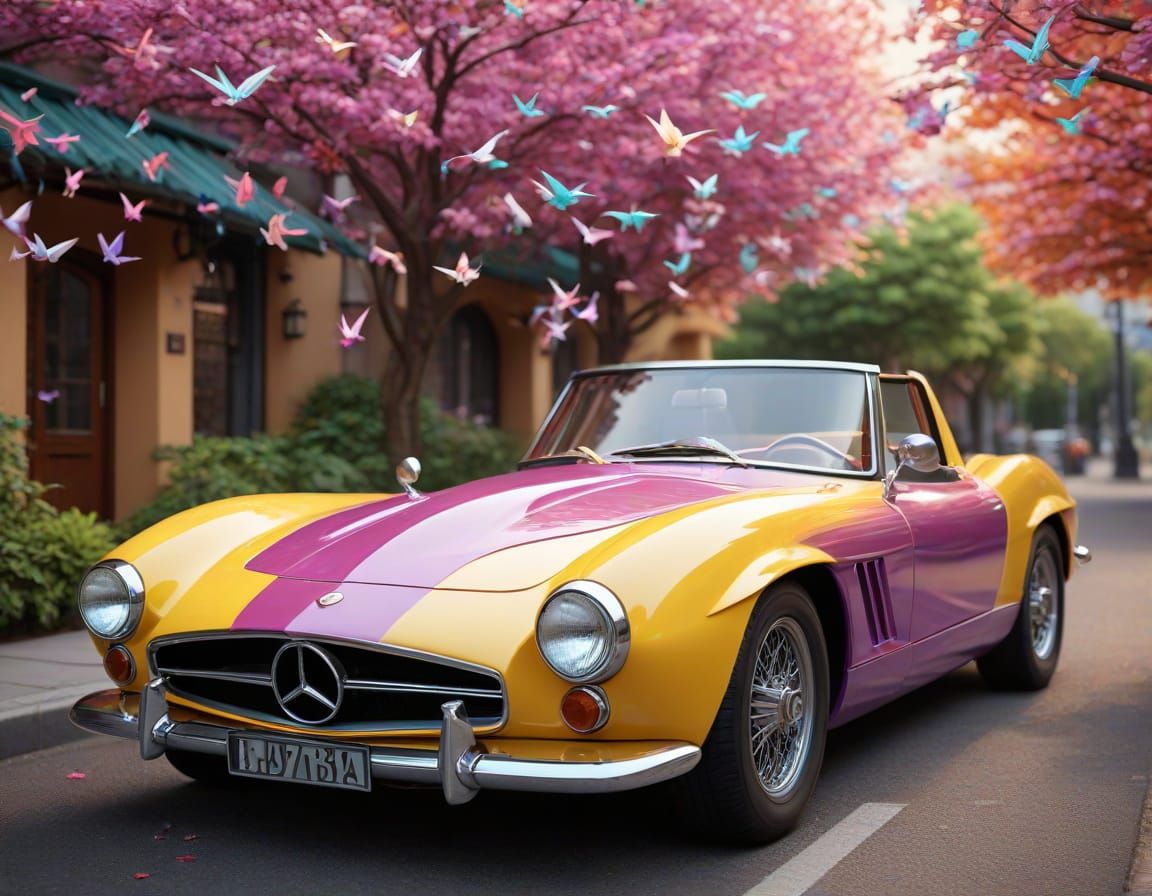 Pink Car with Origami Crane Stained-Glass, Fantasy Art